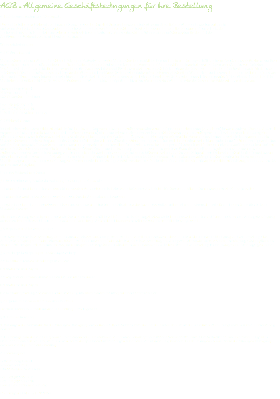 AGB = Allgemeine Geschäftsbedingungen für Ihre Bestellung § 1 Rücksendekosten und Wertersatz Übt der Besteller sein Widerrufsrecht nach § 2 aus, so werden ihm die Rücksendekosten auferlegt, wenn die gelieferte Ware der bestellten entspricht und wenn der Preis der zurückzusendenden Sache einen Betrag von 40 Euro nicht übersteigt oder, wenn der Besteller bei einem höheren Preis der Sache noch nicht die Gegenleistung oder eine vertraglich vereinbarte Teilzahlung erbracht hat. Wertersatzansprüche werden für den Fall der Ausübung des Widerrufsrechts nicht geltend gemacht. Widerrufsbelehrung § 2 Widerrufsrecht Verbrauchern steht ein Widerrufsrecht nach folgender Maßgabe zu, wobei Verbraucher jede natürliche Person ist, die ein Rechtsgeschäft zu einem Zwecke abschließt, der weder ihrer gewerblichen noch ihrer selbständigen beruflichen Tätigkeit zugerechnet werden kann: Sie können Ihre Vertragserklärung innerhalb von 14 Tagen ohne Angabe von Gründen in Textform (z.B. Brief, Fax, E-Mail) oder - wenn Ihnen die Sache vor Fristablauf überlassen wird - auch durch Rücksendung der Sache widerrufen. Die Frist beginnt nach Erhalt dieser Belehrung in Textform, jedoch nicht vor Eingang der Ware beim Empfänger (bei der wiederkehrenden Lieferung gleichartiger Waren nicht vor Eingang der ersten Teillieferung) und auch nicht vor Erfüllung unserer Informationspflichten gemäß Artikel 246 § 2 in Verbindung mit § 1 Absatz 1 und 2 EGBGB sowie unserer Pflichten gemäß § 312g Absatz 1 Satz 1 BGB in Verbindung mit Artikel 246 § 3 EGBGB. Zur Wahrung der Widerrufsfrist genügt die rechtzeitige Absendung des Widerrufs oder der Sache. Der Widerruf ist zu richten an: Leuchtenberg GmbH Keldenicher Str. 1 53332 Bornheim-Sechtem Fon +49 (0)2227 8615 Fax +49 (0)2227 8616 E-Mail info(at)leuchtenberg.org § 3 Widerrufsfolgen Im Falle eines wirksamen Widerrufs sind die beiderseits empfangenen Leistungen zurückzugewähren und ggf. gezogene Nutzungen (z.B. Zinsen) herauszugeben. Können Sie uns die empfangene Leistung sowie Nutzungen (z.B. Gebrauchsvorteile) nicht oder teilweise nicht oder nur in verschlechtertem Zustand zurückgewähren beziehungsweise herausgeben, müssen Sie uns insoweit Wertersatz leisten. Für die Verschlechterung der Sache und für gezogene Nutzungen müssen Sie Wertersatz nur leisten, soweit die Nutzungen oder die Verschlechterung auf einen Umgang mit der Sache zurückzuführen ist, der über die Prüfung der Eigenschaften und der Funktionsweise hinausgeht. Unter "Prüfung der Eigenschaften und der Funktionsweise" versteht man das Testen und Ausprobieren der jeweiligen Ware, wie es etwa im Ladengeschäft möglich und üblich ist. Paketversandfähige Sachen sind auf unsere Gefahr zurückzusenden. Sie haben die regelmäßigen Kosten der Rücksendung zu tragen, wenn die gelieferte Ware der bestellten entspricht und wenn der Preis der zurückzusendenden Sache einen Betrag von 40 Euro nicht übersteigt oder wenn Sie bei einem höheren Preis der Sache zum Zeitpunkt des Widerrufs noch nicht die Gegenleistung oder eine vertraglich vereinbarte Teilzahlung erbracht haben. Andernfalls ist die Rücksendung für Sie kostenfrei. Nicht paketversandfähige Sachen werden bei Ihnen abgeholt. Verpflichtungen zur Erstattung von Zahlungen müssen innerhalb von 30 Tagen erfüllt werden. Die Frist beginnt für Sie mit der Absendung Ihrer Widerrufserklärung oder der Sache, für uns mit deren Empfang. Ende der Widerrufsbelehrung § 4 Versandkosten, Mindestbestellwert, Lieferung, Liefertermin Bei einem Versand innerhalb von Deutschland werden Versandkosten in Höhe von mindestens € 8,49 inkl. USt. berechnet. Mindestbestellmenge ist ein Karton je Artikel. Bei einem internationalen Versand werden abweichende Versandkosten berechnet. Beispiel: Bei einem Bruttobestellwert in Höhe von mindestens € 100,00, unabhängig von der Anzahl der Artikel, fallen bei einem Versand innerhalb von Deutschland für Sie keine Versandkosten an. Mit unserer Auftragsbestätigung nennen wir Ihnen einen unverbindlichen Liefertermin. In der Regel liefern wir bei Lagerware innerhalb von 4 Tagen nach unserer Auftragsbestätigung, ansonsten innerhalb von 14 - 30 Tagen nach Ihrer Bestellung. Verbindliche Liefertermine müssen von uns schriftlich bestätigt werden. § 5 Angebot und Vertragsschluss Bitte beachten Sie: Ihre Bestellung führt erst dann zu einem Kaufvertrag, wenn wir Ihre Bestellung annehmen. Hierzu erhalten Sie von uns im Nachgang zu Ihrer Bestellung eine Auftragsbestätigung per E-Mail. Alternativ können wir Ihnen auch per E-Mail mitteilen, dass Ihre Bestellung an Sie abgeschickt wurde. Unsere Auftragsbestätigung erfolgt spätestens binnen 3 Werktagen. Wir behalten uns vor, Bestellungen ohne Angabe von Gründen nicht anzunehmen. Sie halten sich an Ihre Bestellung (Vertragsangebot) 3 Werktage gebunden. § 6 Zahlungsbedingungen, Rechnungsstellung Als Neukunde können Sie wie folgt bezahlen: 6.1 Vorkasse und PayPal Als registrierter Bestandskunde können Sie wie folgt bezahlen: 6.1 Vorkasse und PayPal 6.2 Rechnungsstellung Sie erhalten eine Rechnung auf Ihren Namen mit ausgewiesener Umsatzsteuer. § 7 Eigentumsvorbehalt bei Verbraucherkauf Die Ware bleibt bis zur vollständigen Bezahlung unser Eigentum. § 8. Gefahrübergang 1. Wir tragen das Versandrisiko des zufälligen Untergangs oder / und zufälligen Verschlechterung bis der Käufer den Besitz der verkauften Ware erlangt oder sich im Annahmeverzug befindet. 2. Unabhängig von der von uns gewählten Versandart oder der konkreten Versandbezeichnung tragen wir das Versandrisiko, soweit Sie Verbraucher sind. In diesem Fall geht die Gefahr erst dann auf Sie über, wenn Sie den Besitz der gekauften Sache erlangen oder sich in Annahmeverzug befinden. Bis dahin tragen wir das Risiko des zufälligen Untergangs oder der zufälligen Verschlechterung. Anbieterangaben Leuchtenberg GmbH Keldenicher Str. 1 53332 Bornheim-Sechtem Fon +49 (0)2227 8615 Fax +49 (0)2227 8616 E-Mail info(at)leuchtenberg.org Registergericht Neuss HRB 1456 